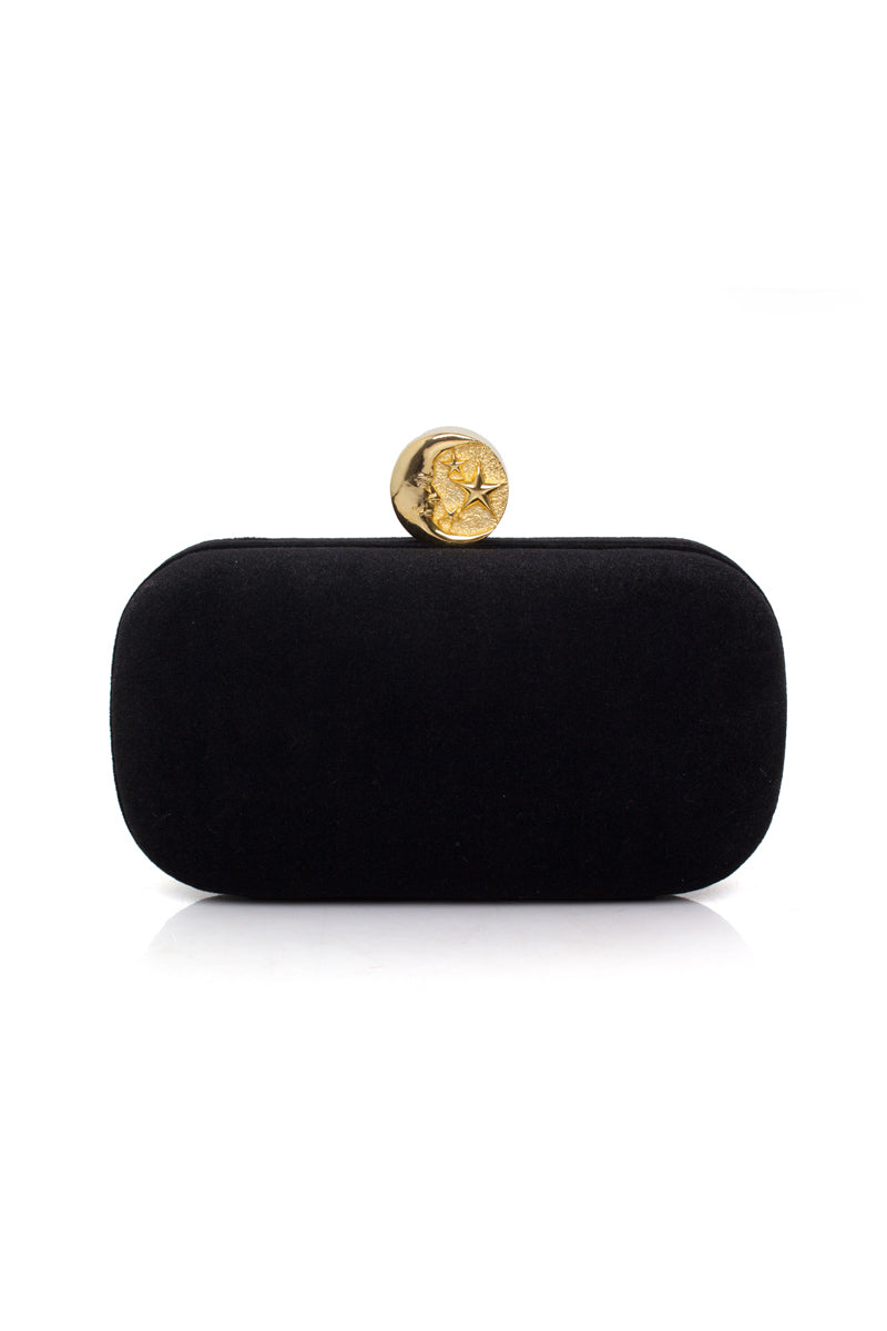 Black velvet box clutch featuring a moon design by Sarah's Bag, elegant and compact accessory for evening occasions.