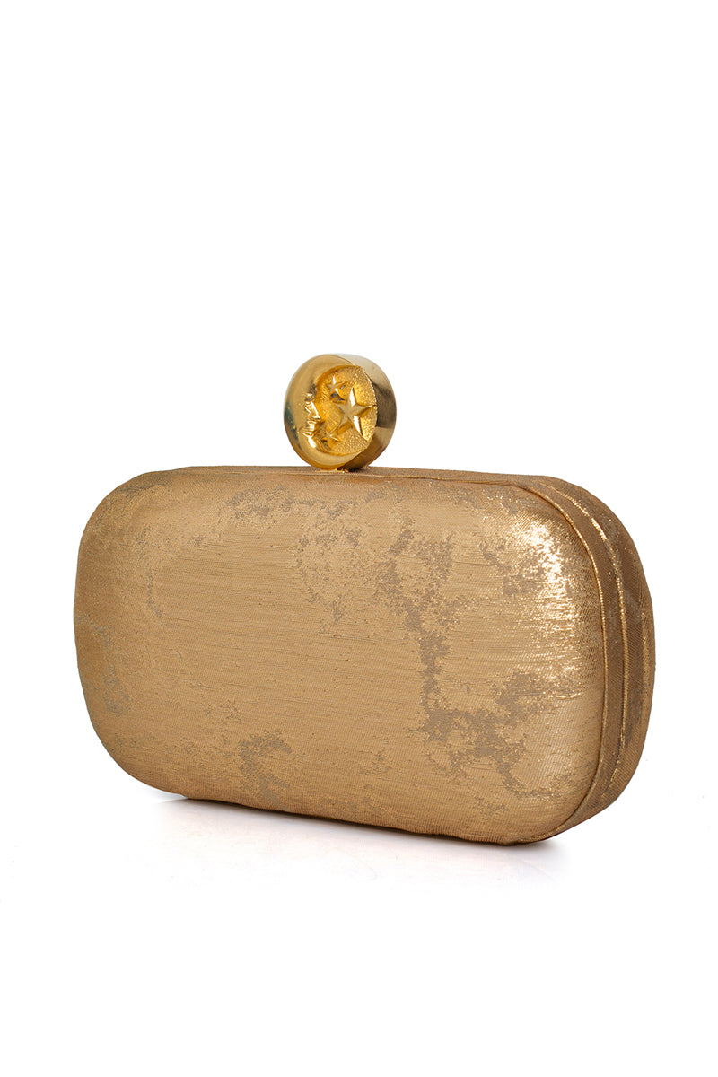 Gold clutch purse with a moon design from Sarah's Bag, featuring a sleek and stylish gold finish, ideal for evening occasions.