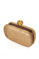 Gold Moon on Sarah's Bag clutch purse with a decorative gold box design, perfect for elegant evening accessories.