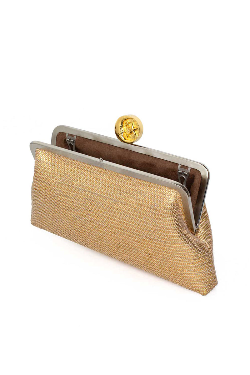 Sarah's Bag Moon on Gold classic clutch bag with a moon motif, gold finish, and elegant design for stylish occasions.