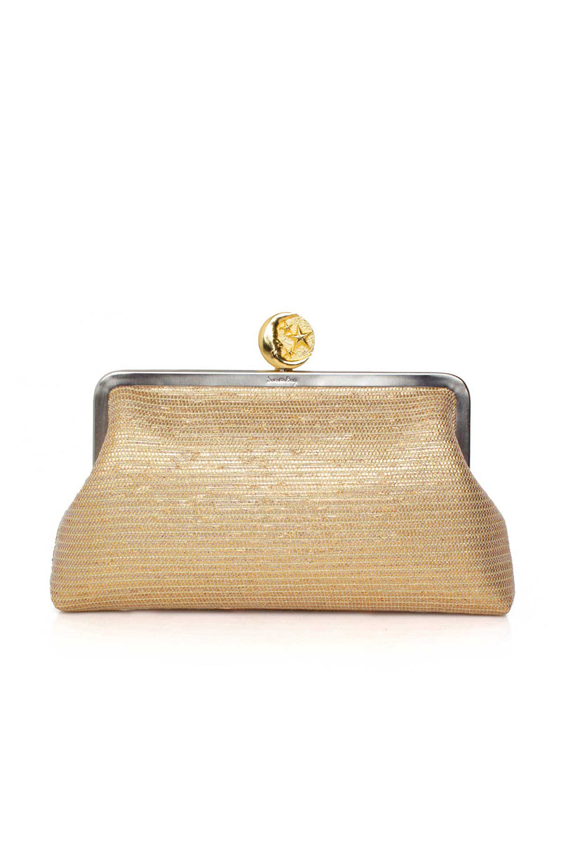 Gold clutch bag with moon design from Sarah's Bag's Moon on Gold Classic Bag collection, featuring a sleek, elegant style.