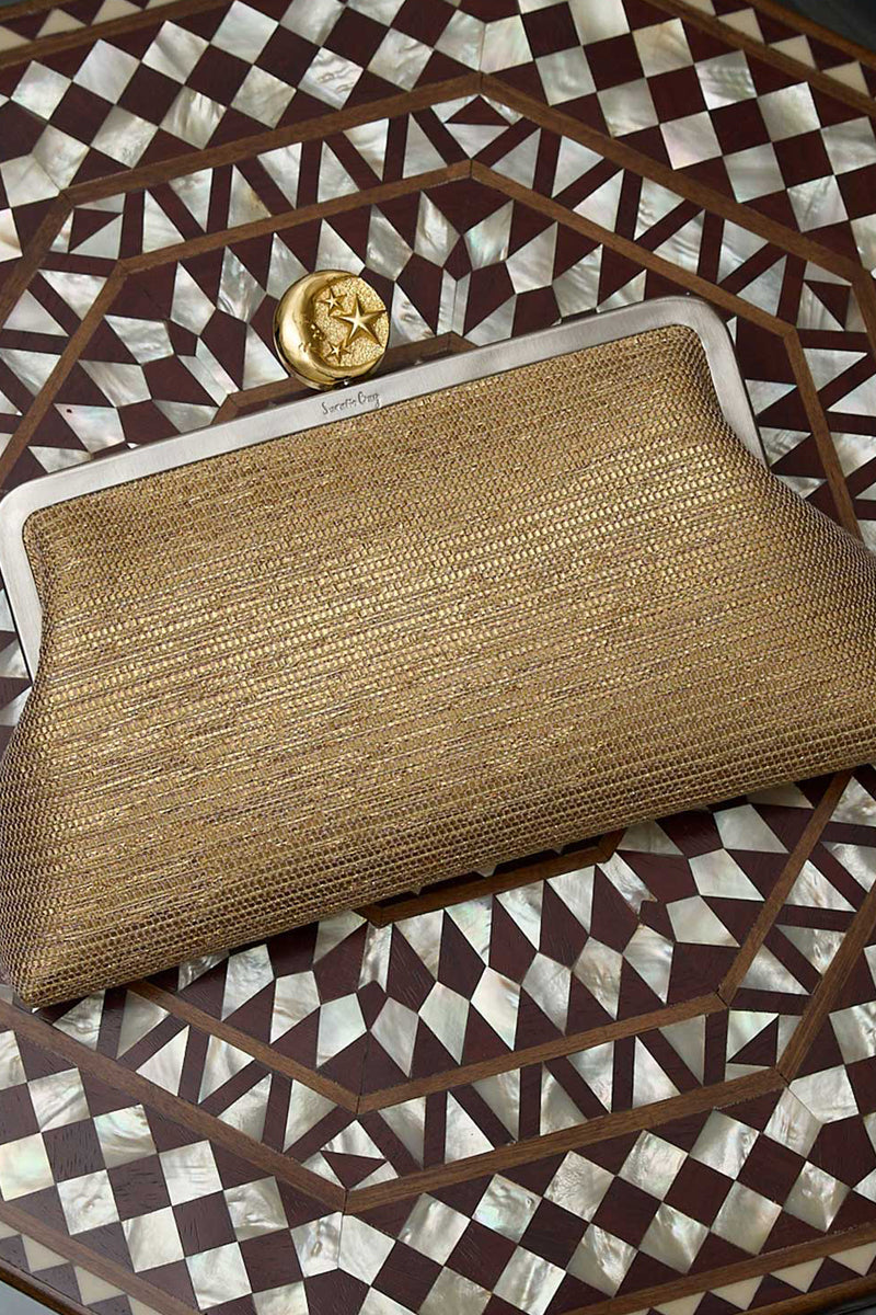 Sarah's Bag Moon on Gold classic clutch with elegant gold finish and sleek design, perfect for evening occasions.