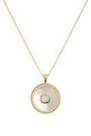 June birthstone moonstone necklace with mother-of-pearl accents, vermeil gold finish, by Freya Rose.