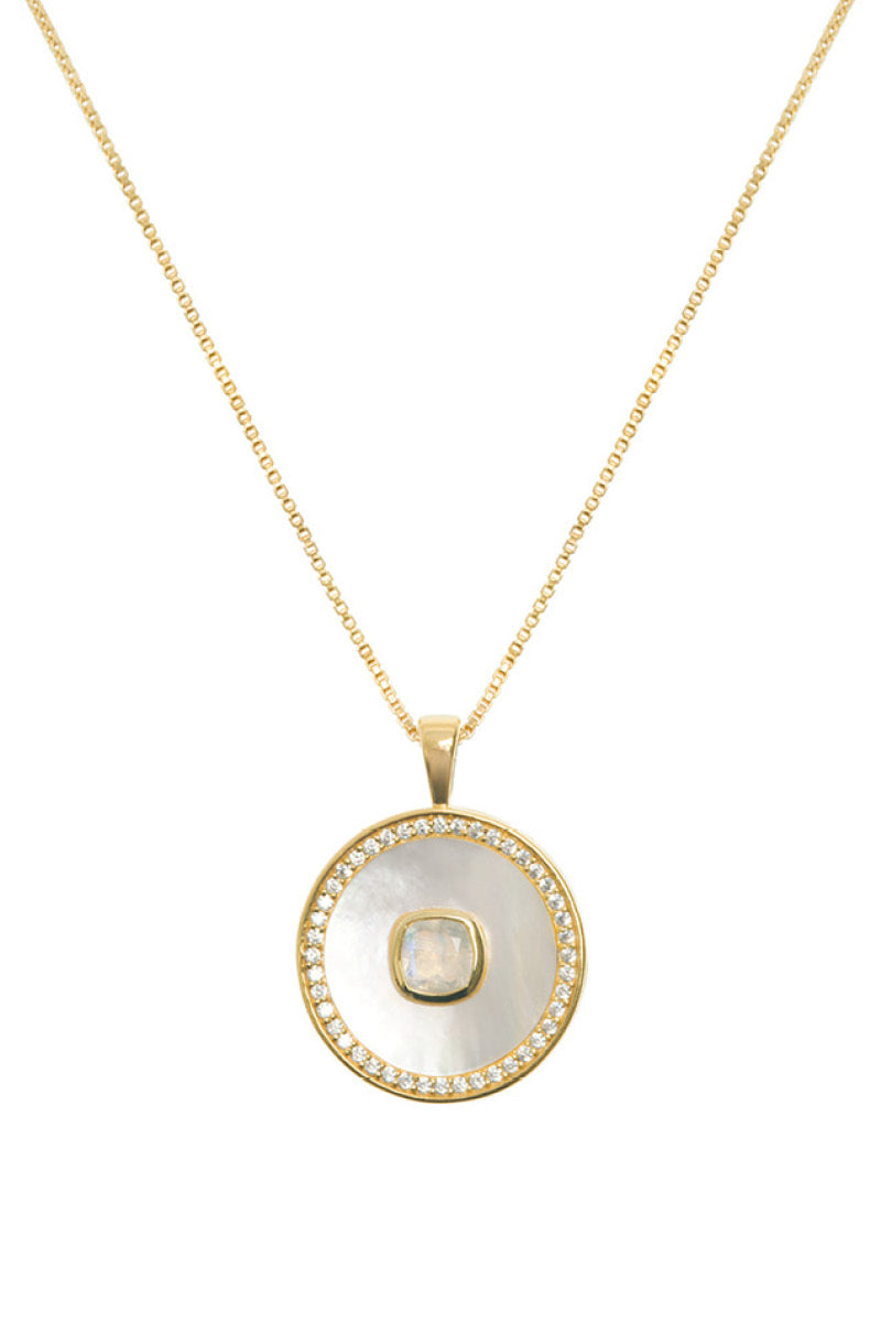 June birthstone moonstone necklace with mother-of-pearl accents, vermeil gold finish, by Freya Rose.