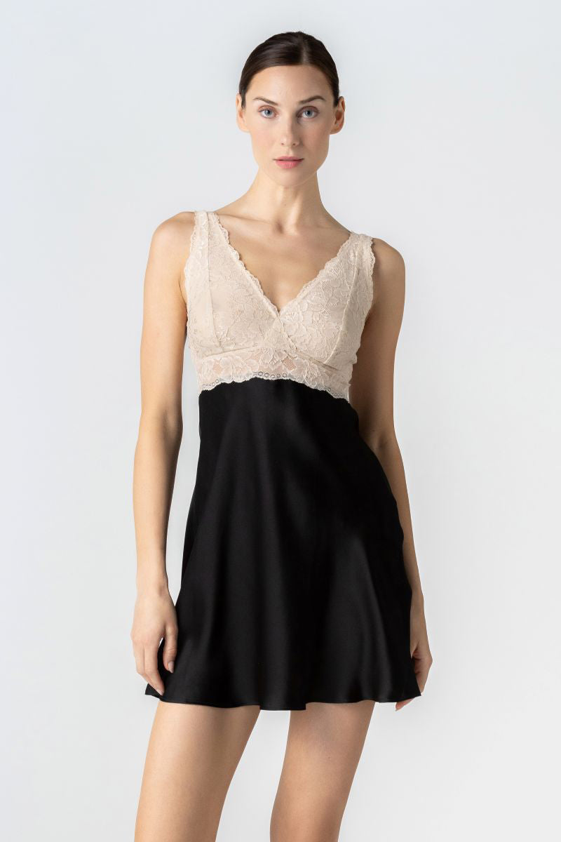 Black NK IMODE CULT MIA X NK IMODE Morgan bust support chemise, front profile showing smooth fabric and fitted design.