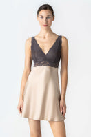 NK IMODE CULT MIA X NK IMODE Morgan bust support chemise in brass, front profile showing delicate lace details and fitted bust design.