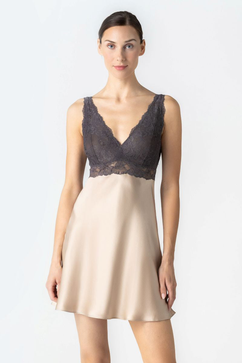 NK IMODE CULT MIA X NK IMODE Morgan bust support chemise in brass, front profile showing delicate lace details and fitted bust design.