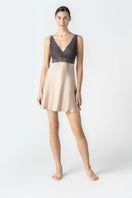NK IMODE CULT MIA X NK IMODE Morgan bust support chemise in brass, front profile showing delicate lace and silky fabric.