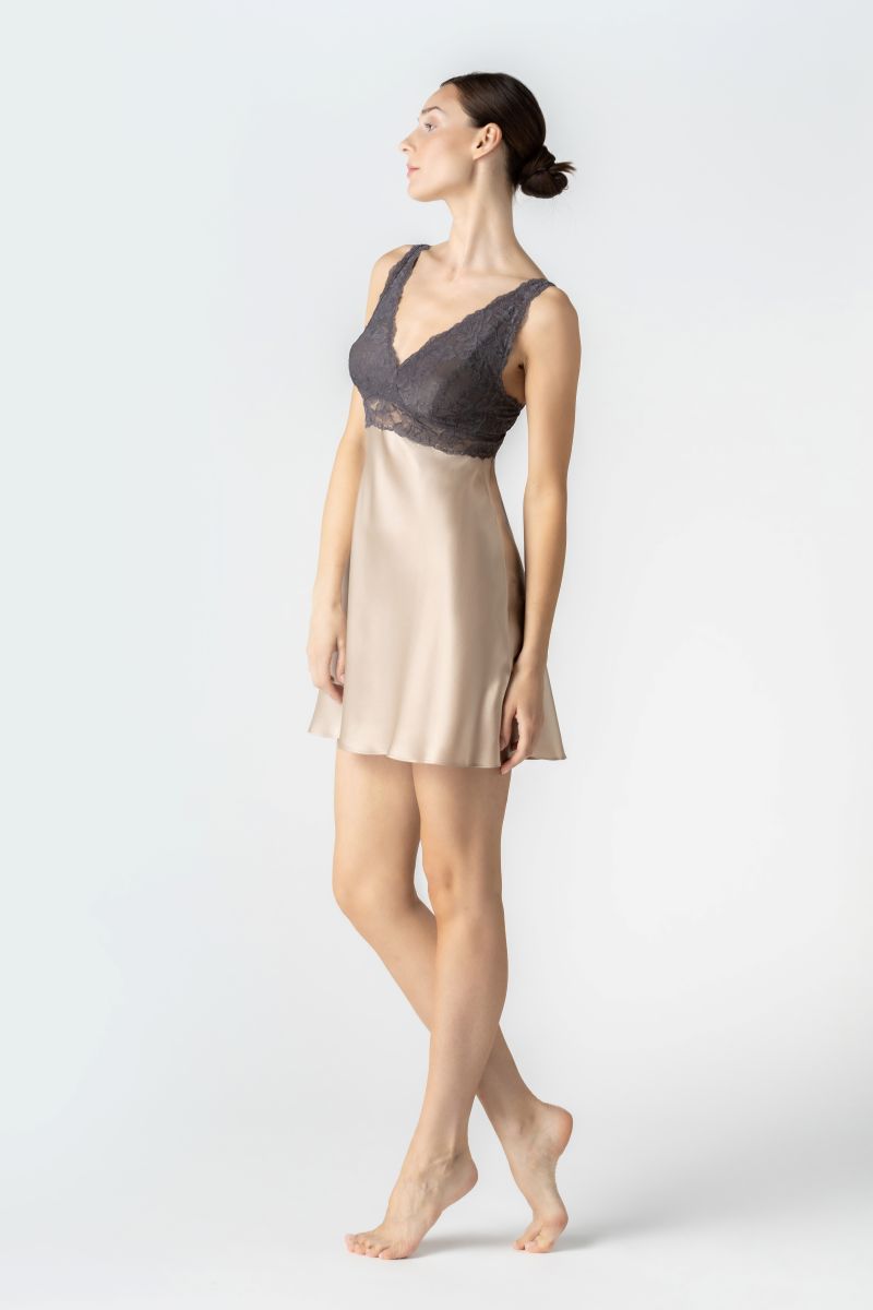 NK IMODE Cult Mia X Morgan bust support chemise in brass, shown in side profile, highlighting its smooth fabric and fitted design.