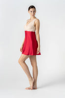 NK IMODE CULT MIA X Morgan bust support chemise in scarlet, side profile view of elegant nightgown with bust support and delicate fabric.