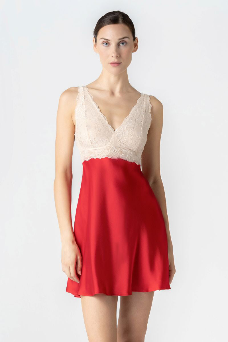 NK IMODE CULT MIA X Morgan bust support chemise in scarlet, front profile showing elegant nightgown with bust support and detailed fabric.