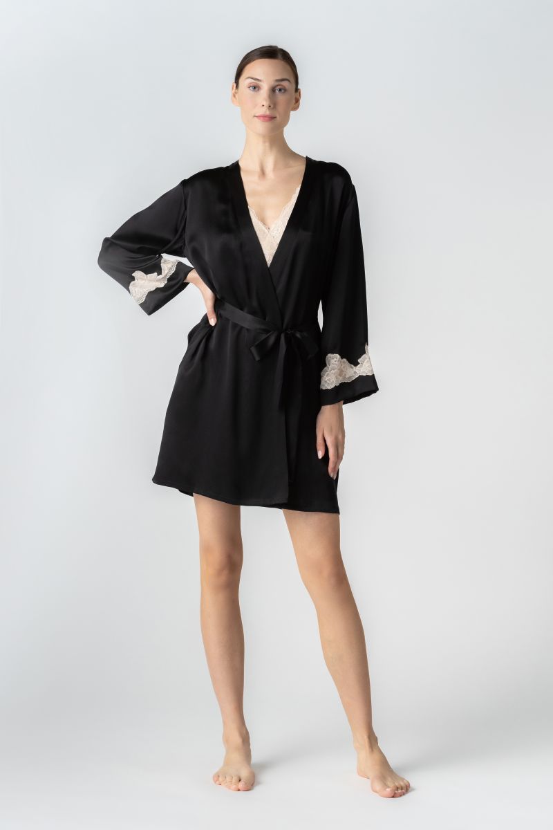 NK IMODE CULT MIA X NK IMODE Morgan short robe in black, front profile view showing lightweight fabric and relaxed fit.