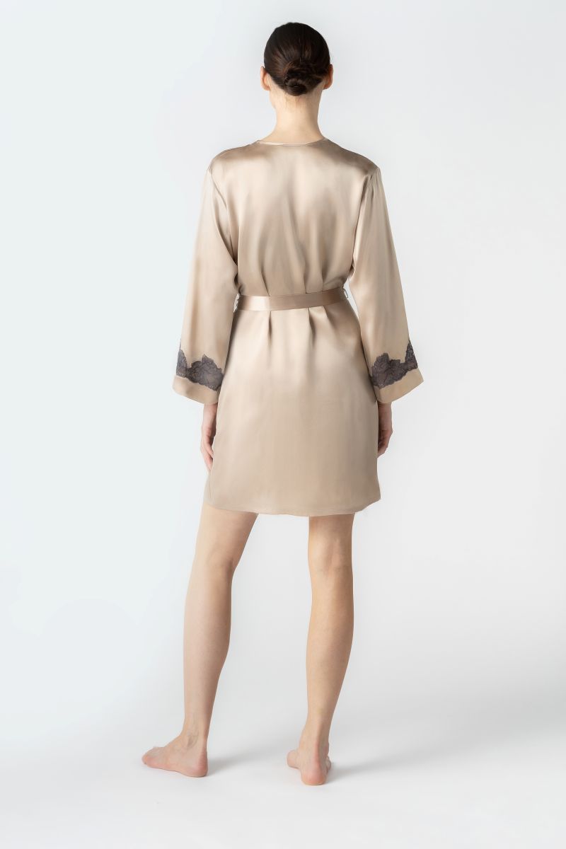 NK IMODE CULT MIA X NK IMODE MORGAN short robe in brass, back view showing soft fabric and relaxed fit.