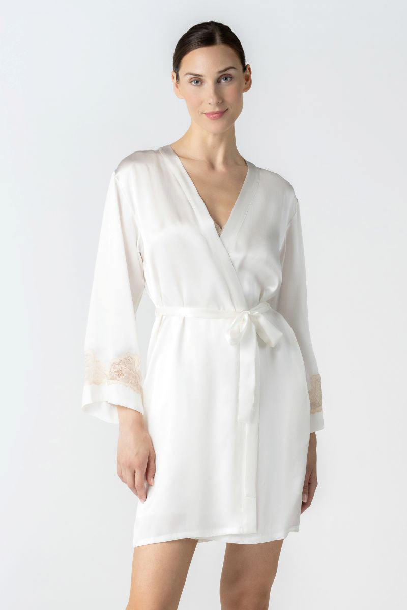 NK IMODE CULT MIA X NK IMODE Morgan short robe in ivory, front profile view showing soft fabric and relaxed fit