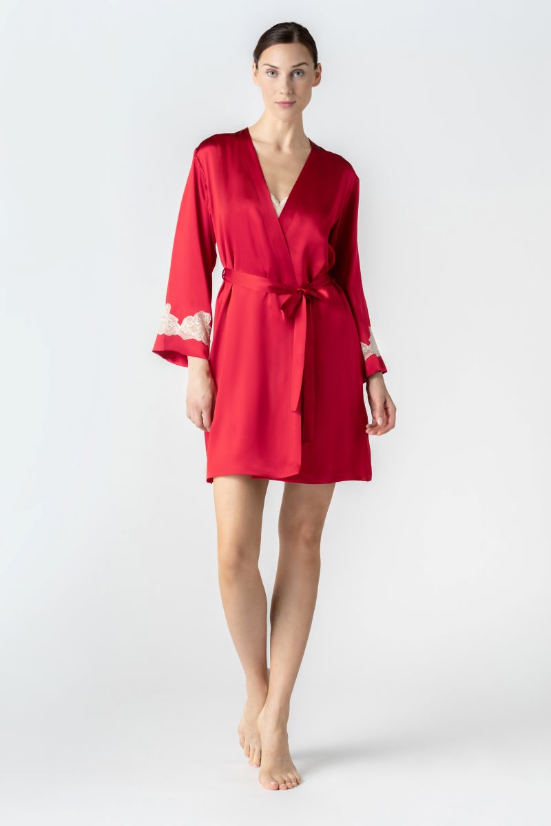 NK IMODE CULT MIA X NK IMODE Morgan short robe in scarlet with champagne accents, front profile view.