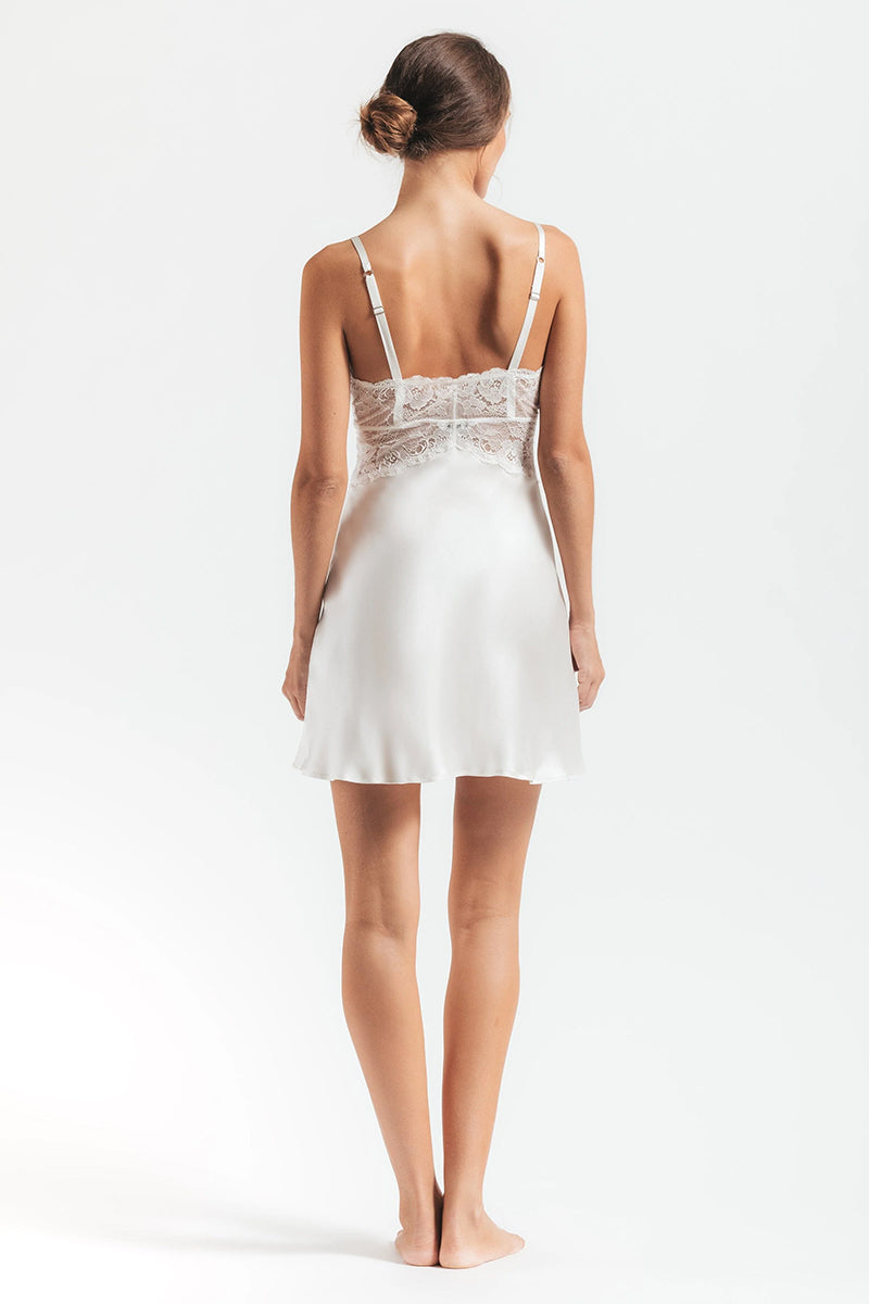 Ivory silk chemise nightgown with bust detail from NK IMODE Morgan Cradle Bust collection, shown from the back.