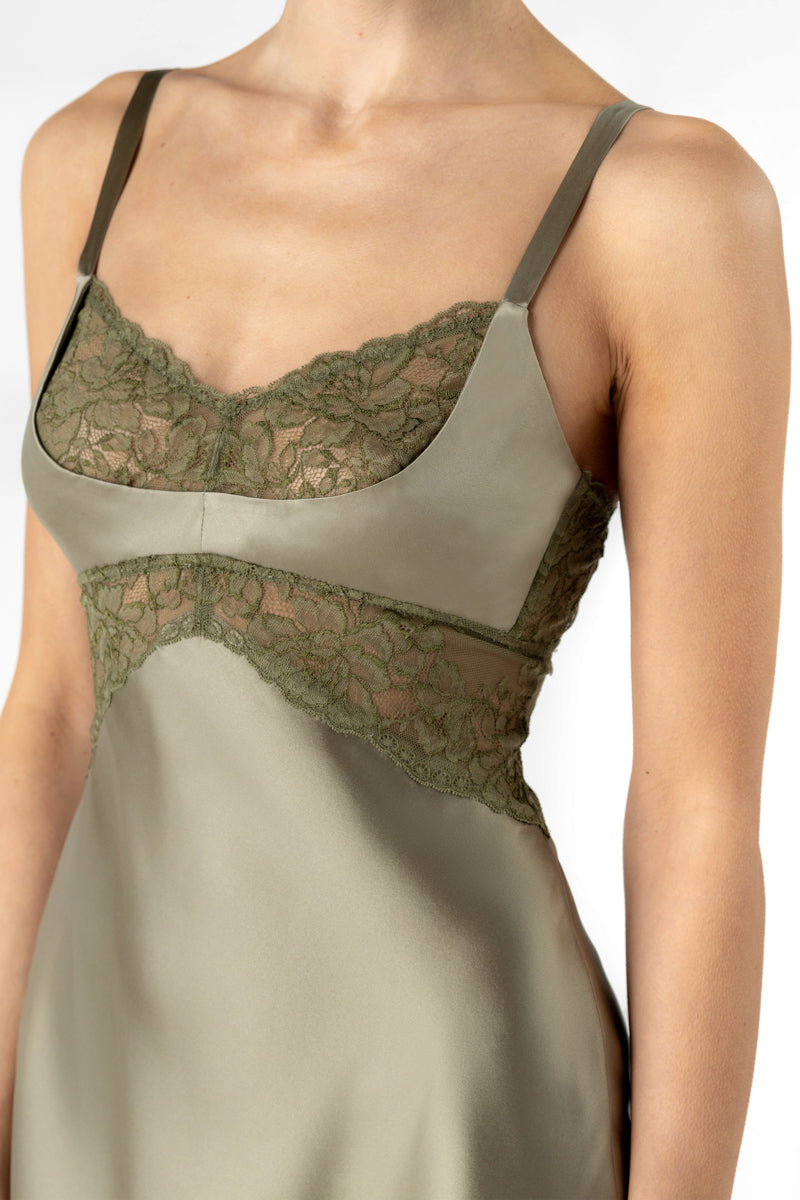 MORGAN CRADLE BUST SILK CHEMISE IN OLIVE GREEN - CULT MIA
