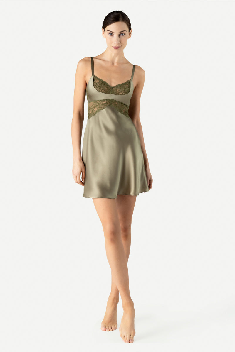 MORGAN CRADLE BUST SILK CHEMISE IN OLIVE GREEN - CULT MIA