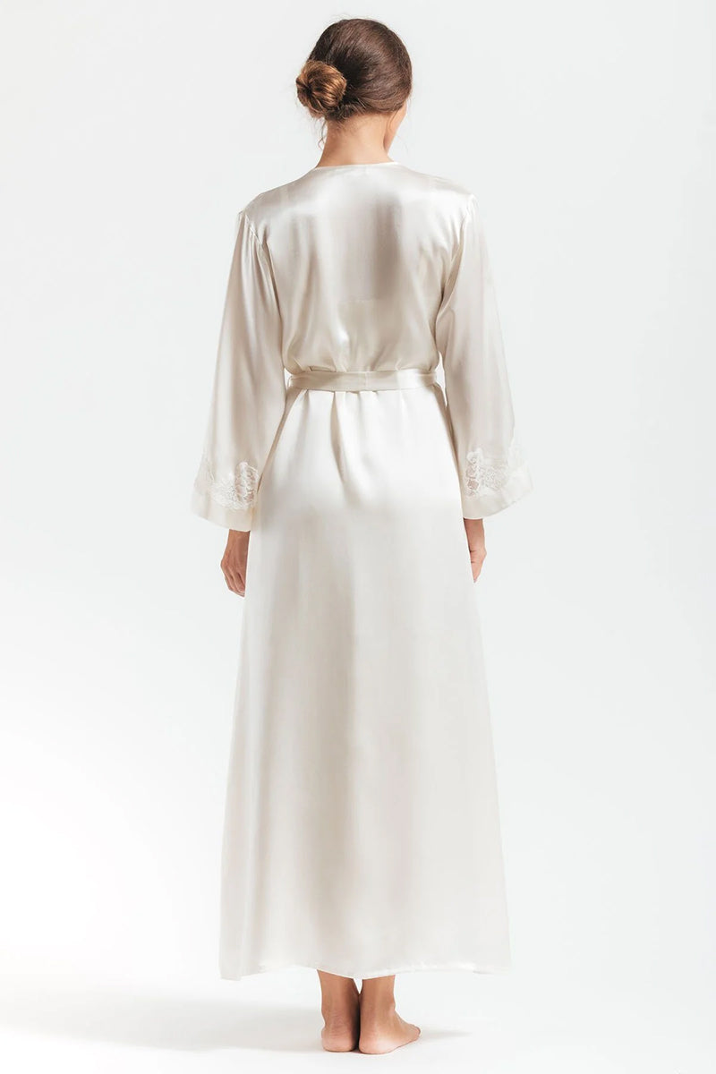 NK IMODE Morgan long silk robe in ivory, showcased from the back, featuring smooth fabric and elegant design.