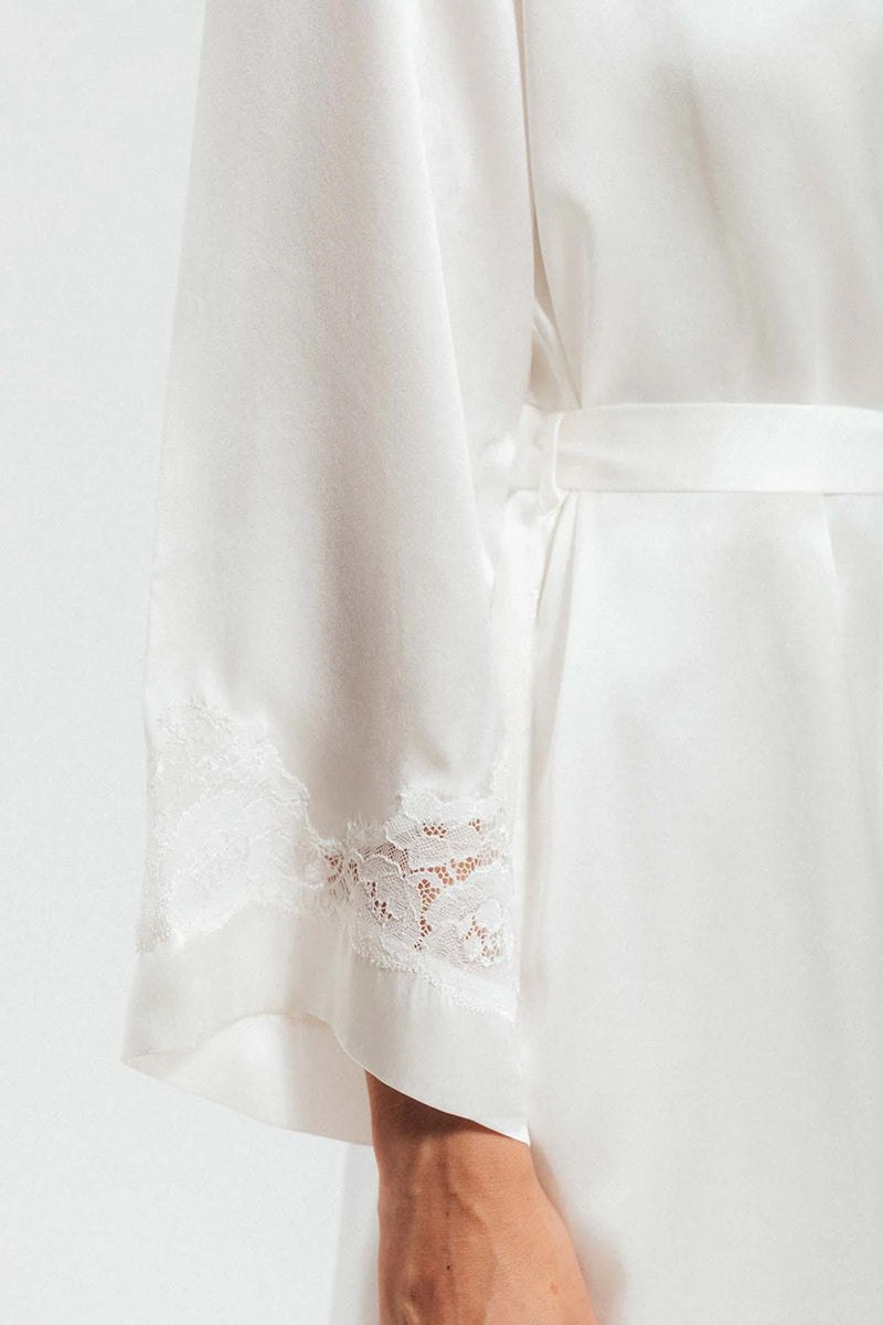 Ivory silk robe from NK IMODE's Morgan Long Silk Robe collection, featuring elegant fabric and detailed design.