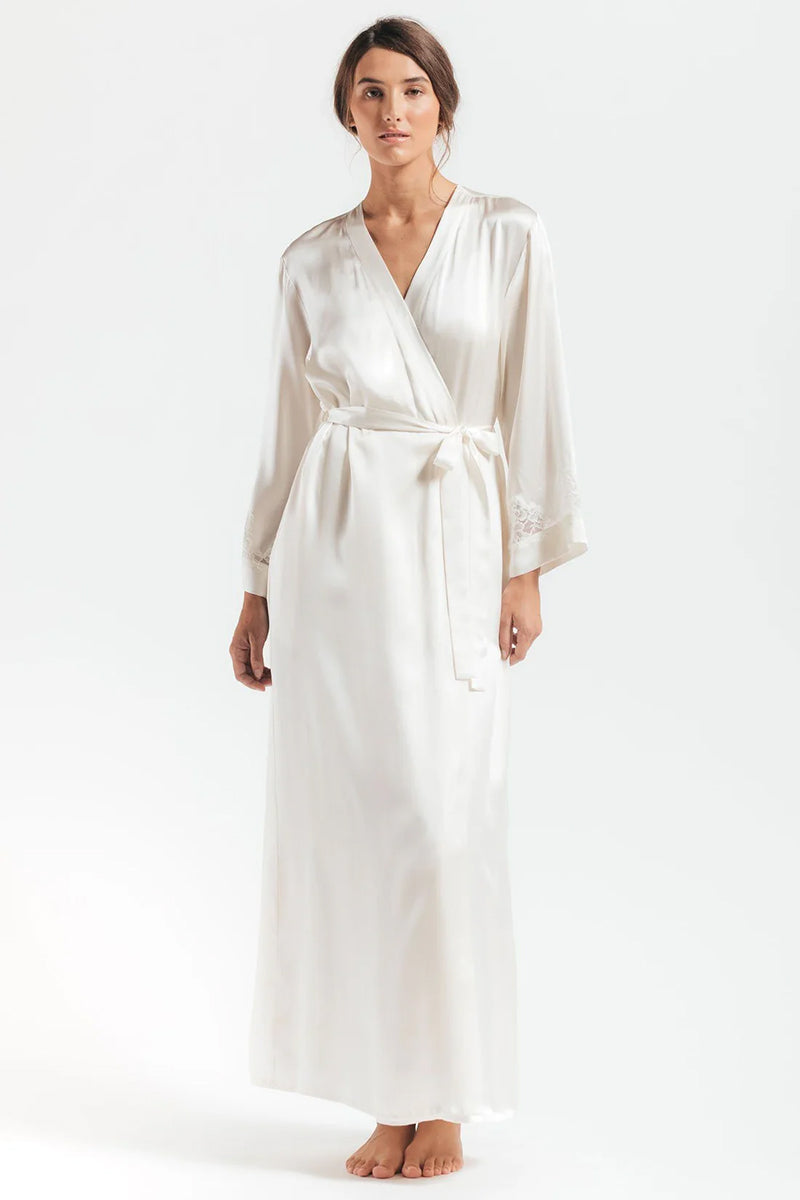 Ivory silk robe from NK IMODE's Morgan Long Silk Robe collection, displayed front view showing smooth fabric and elegant design.