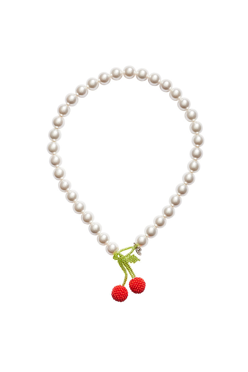 Pura Utz mother of cherry necklace featuring a delicate cherry pendant on a silver chain, elegant and stylish jewelry accessory.