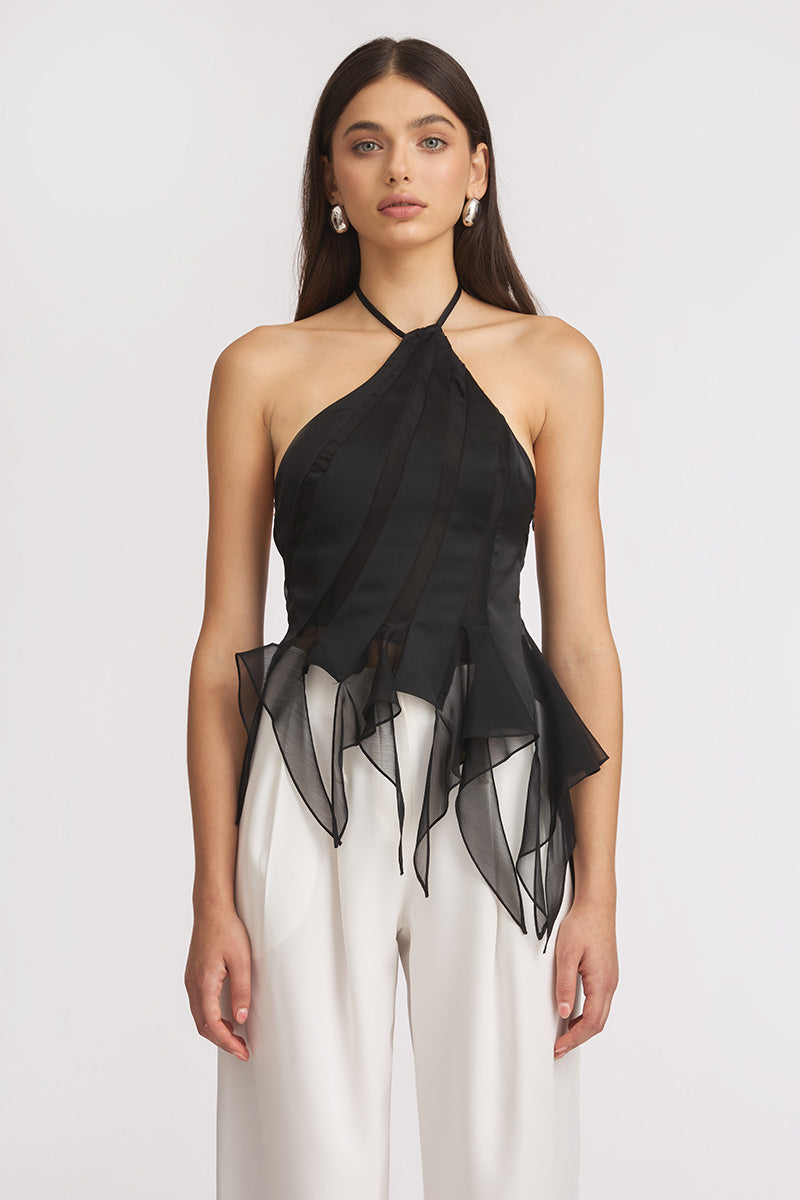 Black MS. Dragon mini top by Stolen Stores, featuring a fitted design and stylish neckline, displayed on a mannequin.