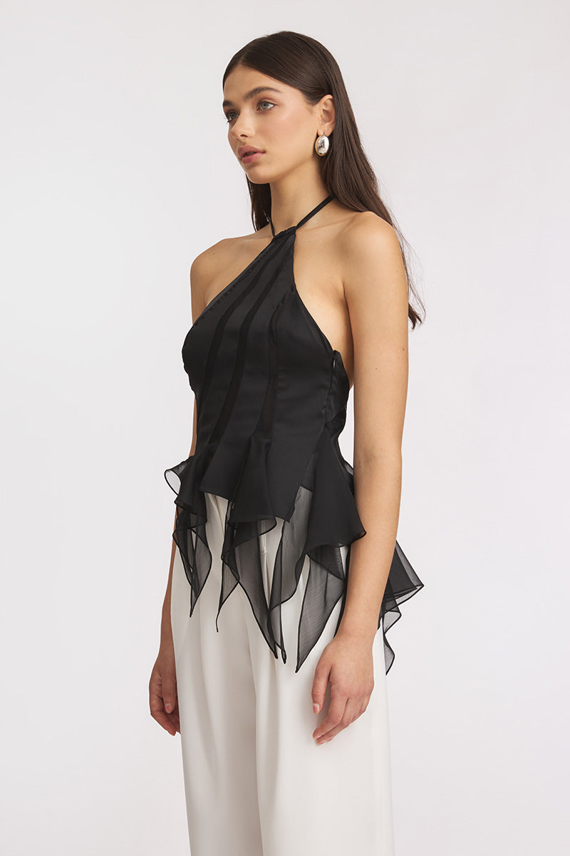 Black MS. Dragon mini top by Stolen Stores, featuring a fitted design and stylish neckline, shown on a model.
