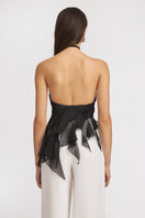 Black MS. Dragon mini top by Stolen Stores, shown on a mannequin, featuring a fitted sleeveless design with a high neckline.