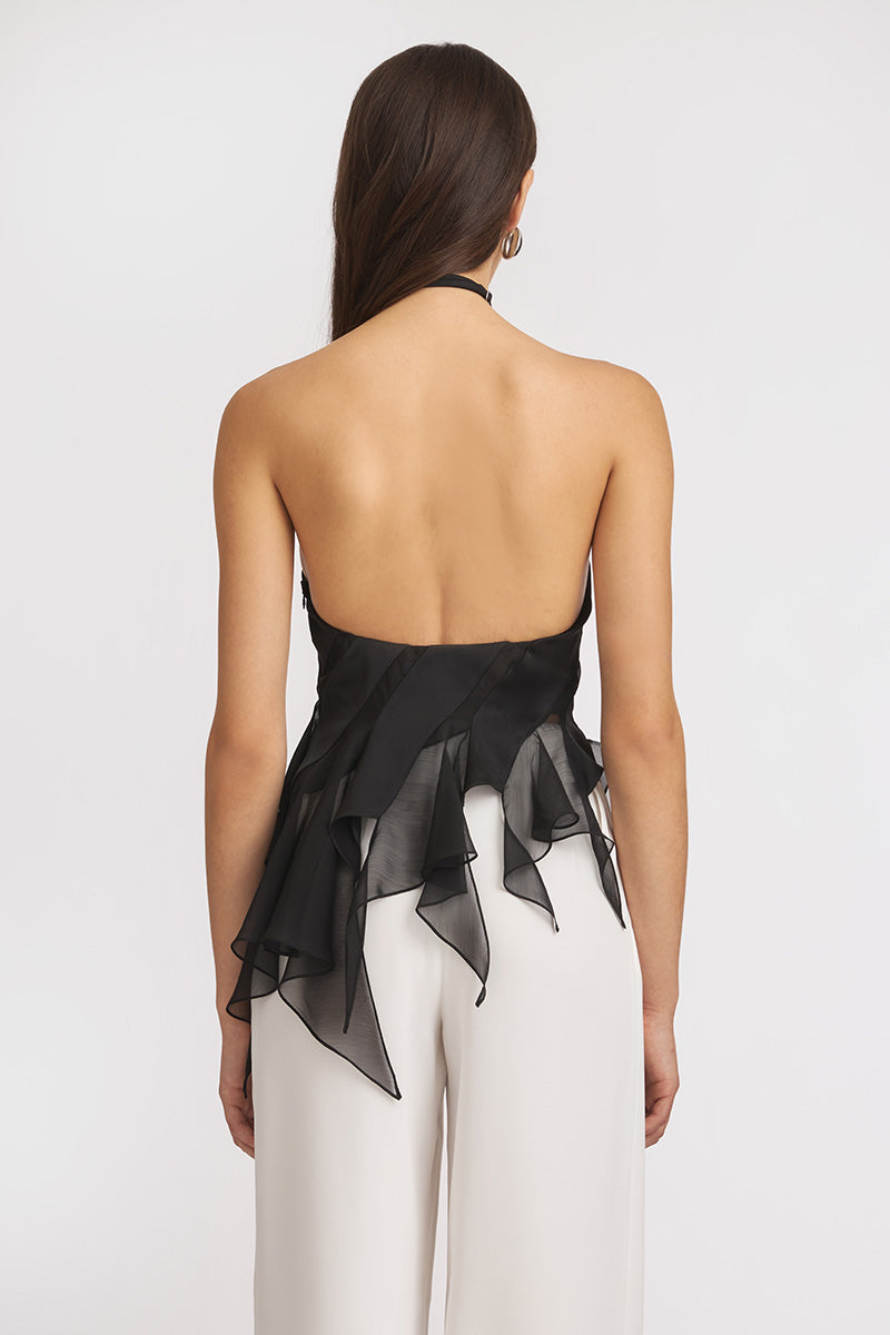 Black MS. Dragon mini top by Stolen Stores, shown on a mannequin, featuring a fitted sleeveless design with a high neckline.