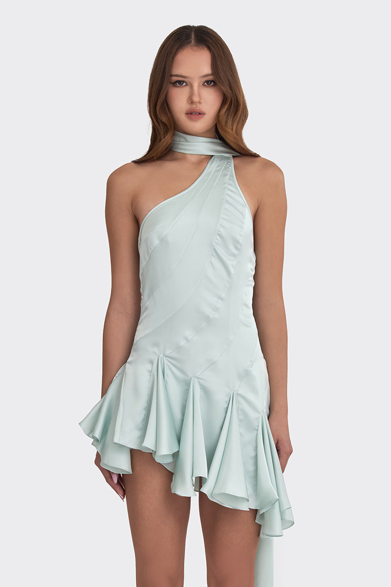 Green MS. Godet asymmetric mini dress by Stolen Stores, featuring a stylish, modern design and unique asymmetrical hem.