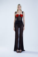 Red and black bustier top from Stolen Stores featuring a fitted design with lace detailing and supportive structure.
