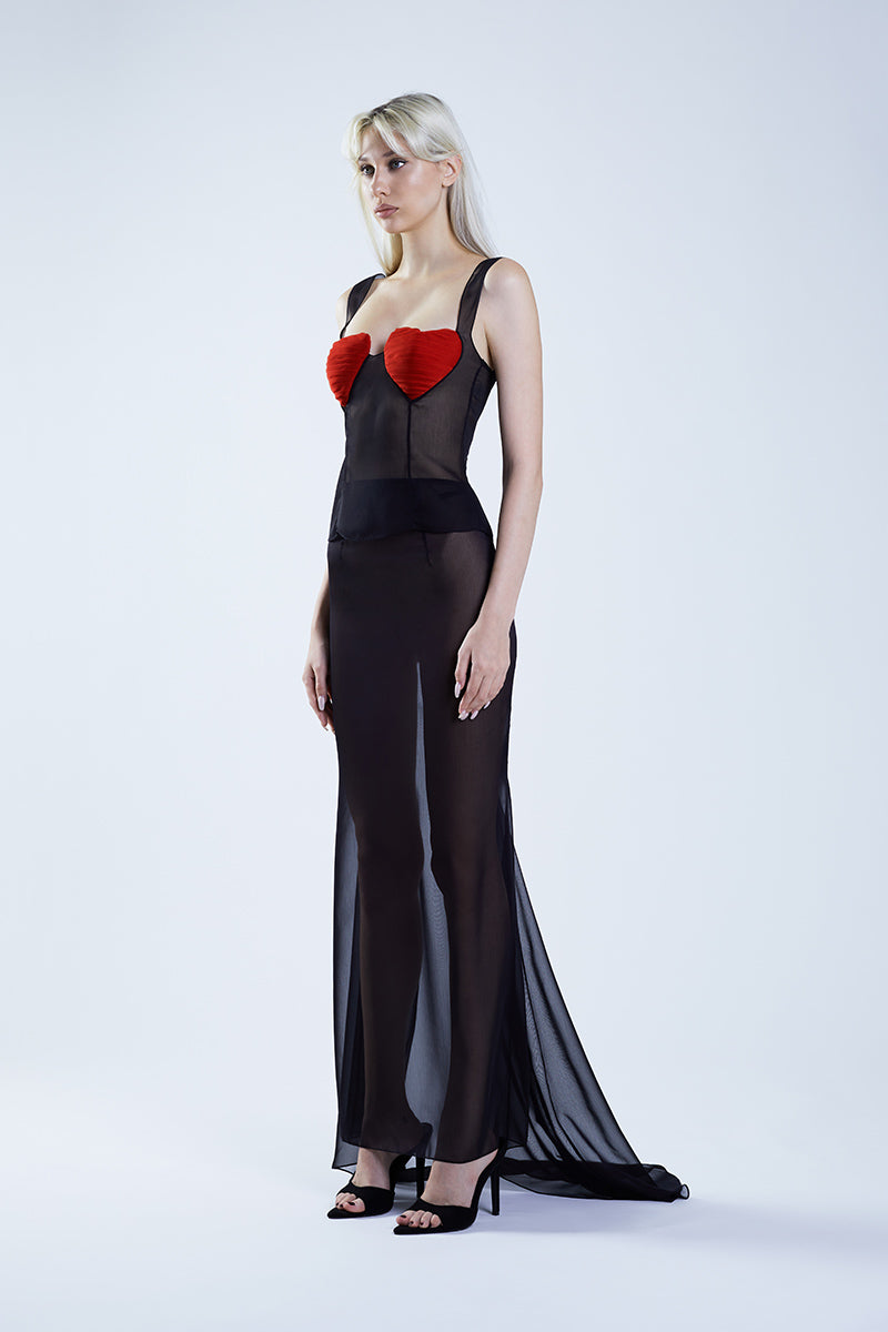 Black and red MS. Heart bustier top by Stolen Stores featuring fitted design and stylish strap details.