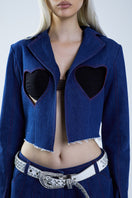 Blue denim cut-out jacket from Stolen Stores' MS. Heart suit, featuring edgy design and stylish detailing.