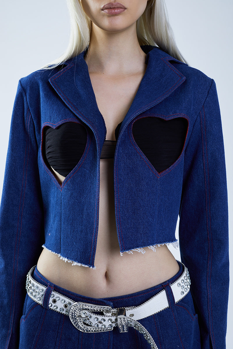 Blue denim cut-out jacket from Stolen Stores' MS. Heart suit, featuring edgy design and stylish detailing.