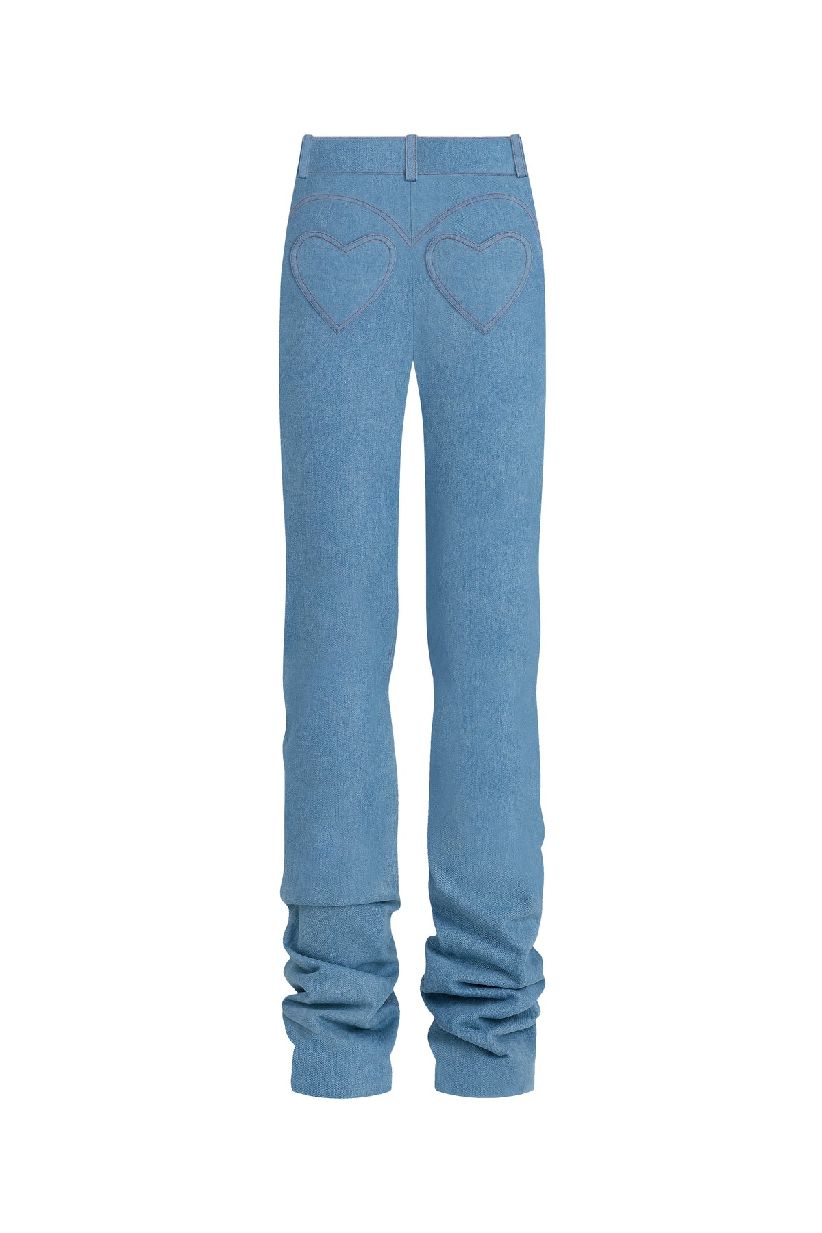 Blue denim MS. Heart pants by Stolen Stores, back view showing stylish design and fit.