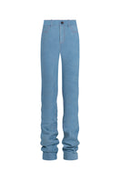 Blue denim Ms. Heart pants from Stolen Stores, front view showing stylish design and fitted silhouette.