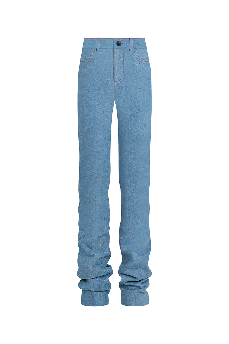 Blue denim Ms. Heart pants from Stolen Stores, front view showing stylish design and fitted silhouette.