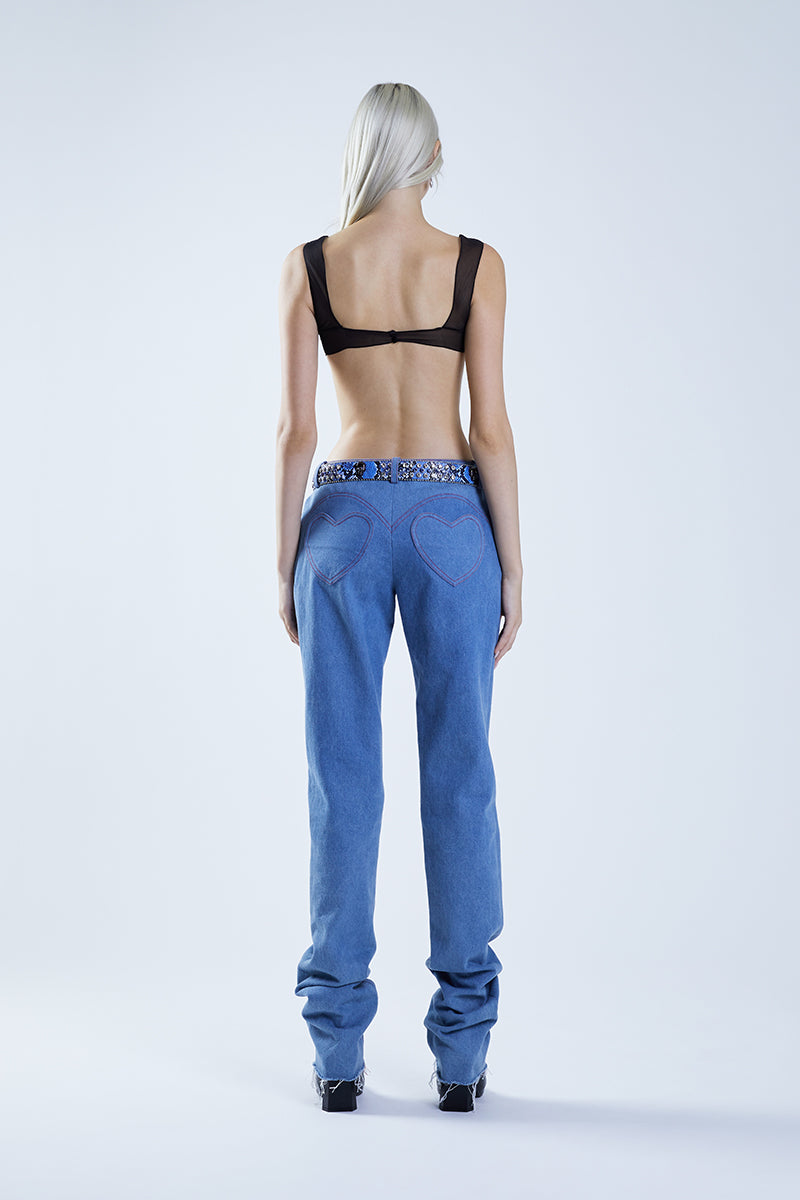 Blue denim MS. HEART pants by Stolen Stores, stylish casual pants with a relaxed fit and classic design.