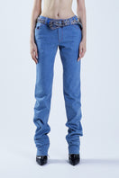 Blue denim MS. Heart pants by Stolen Stores displayed on a model, showcasing the casual fit and stylish design of the pants.