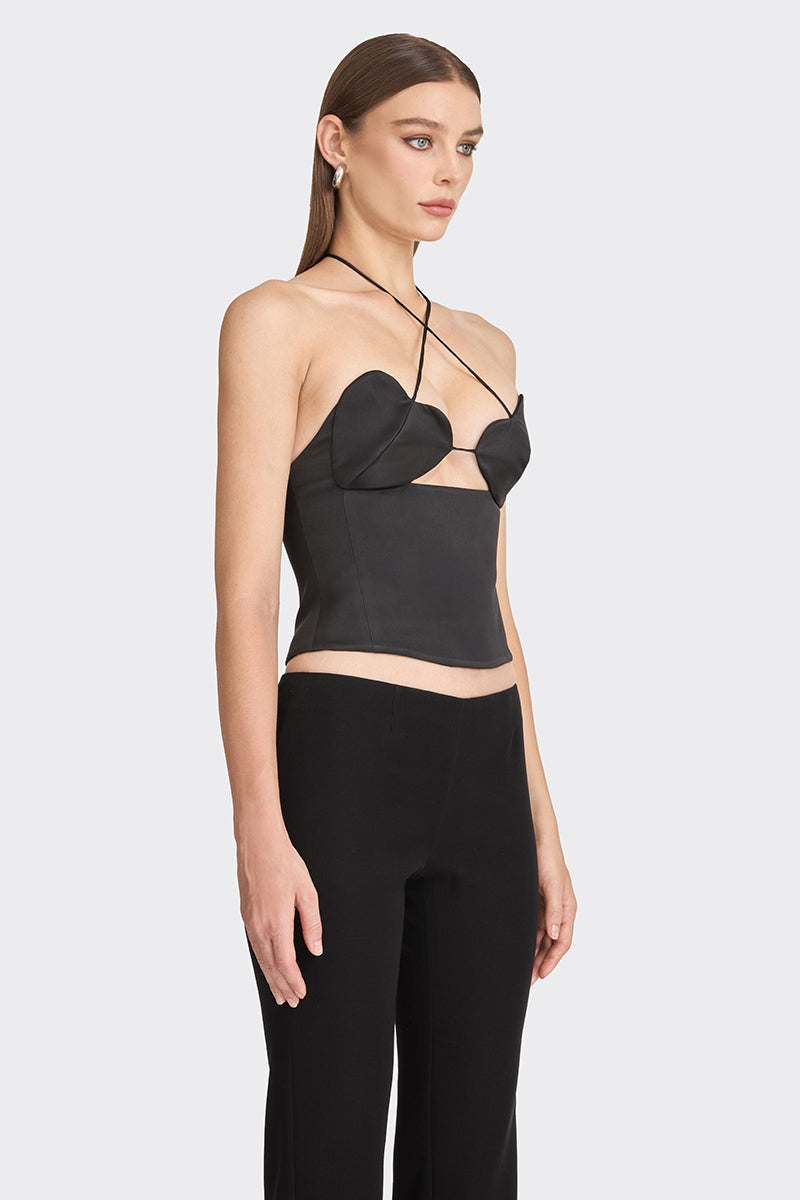 Black MS. Heart side bustier top by Stolen Stores, featuring a fitted design with stylish shoulder straps and side detail.