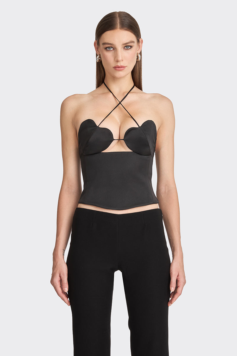 Black MS. Heart side bustier top by Stolen Stores featuring fitted design and stylish side accents.