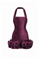 Stolen Stores CULT MIA X Ms. Tutu halter mini dress in burgundy, featuring a stylish design and flowy silhouette.