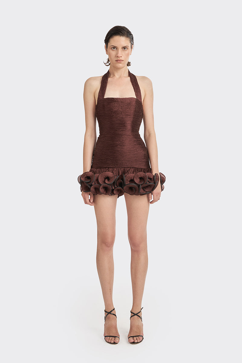 Dark brown MS. Tutu halter mini dress by Stolen Stores, featuring a fitted silhouette and stylish halter neckline.