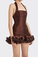 Dark brown Ms. Tutu halter mini dress by Stolen Stores, featuring a fitted silhouette and stylish halter neckline.