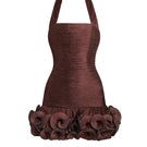 Dark brown MS. Tutu halter mini dress by Stolen Stores, featuring a stylish fit and halter neckline, shown on a model.