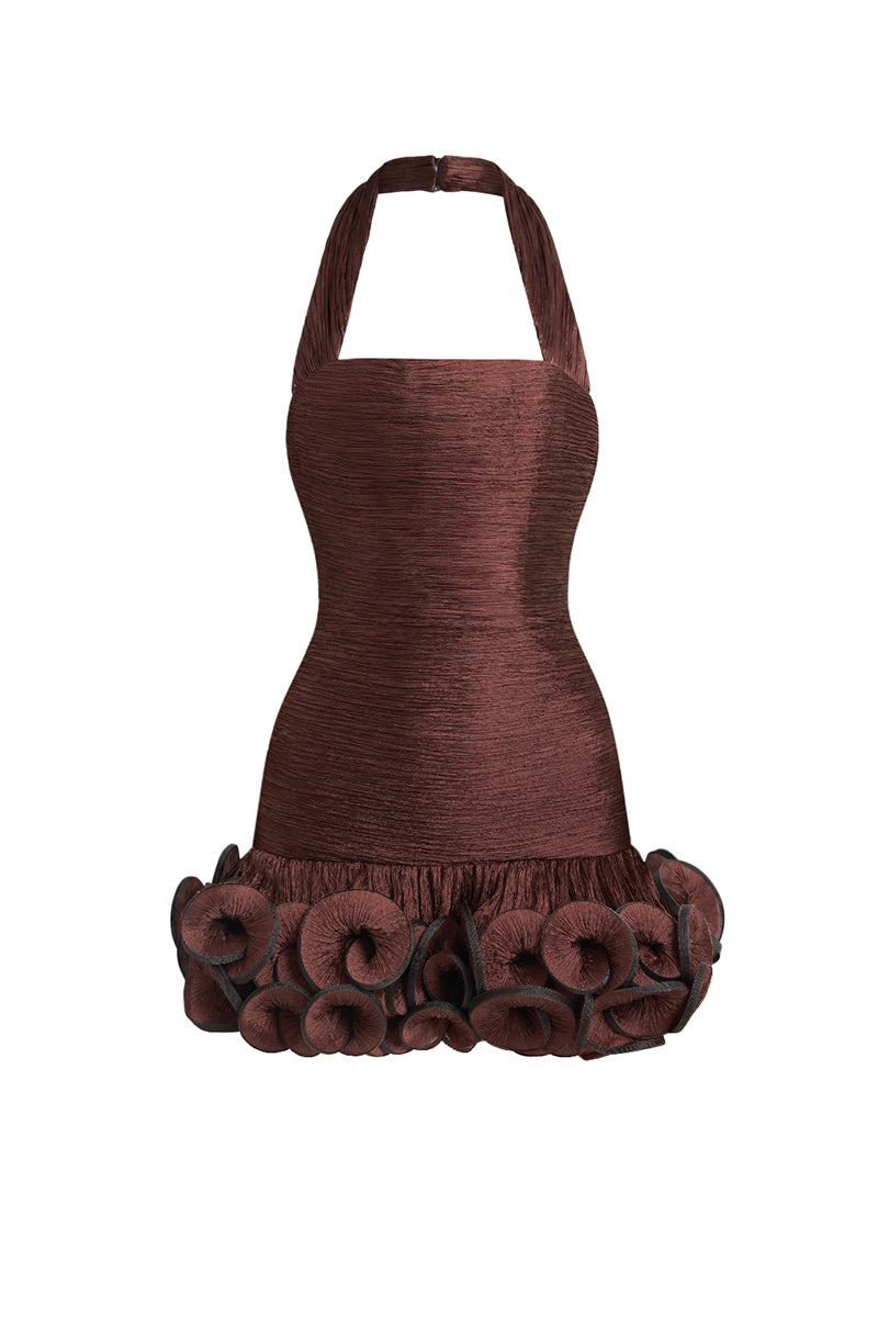 Dark brown MS. Tutu halter mini dress by Stolen Stores, featuring a stylish fit and halter neckline, shown on a model.