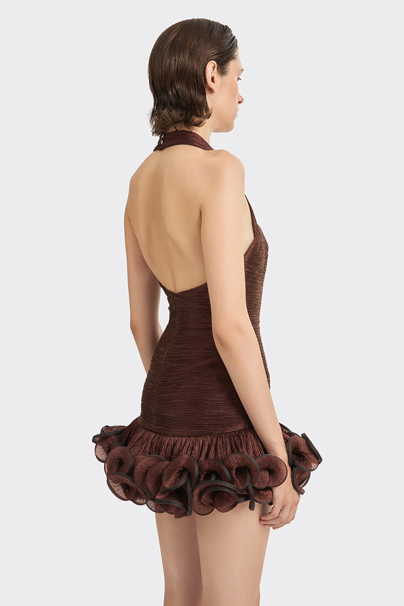 Dark brown MS. Tutu halter mini dress by Stolen Stores, featuring a stylish fit and elegant design perfect for casual or dressy occasions.