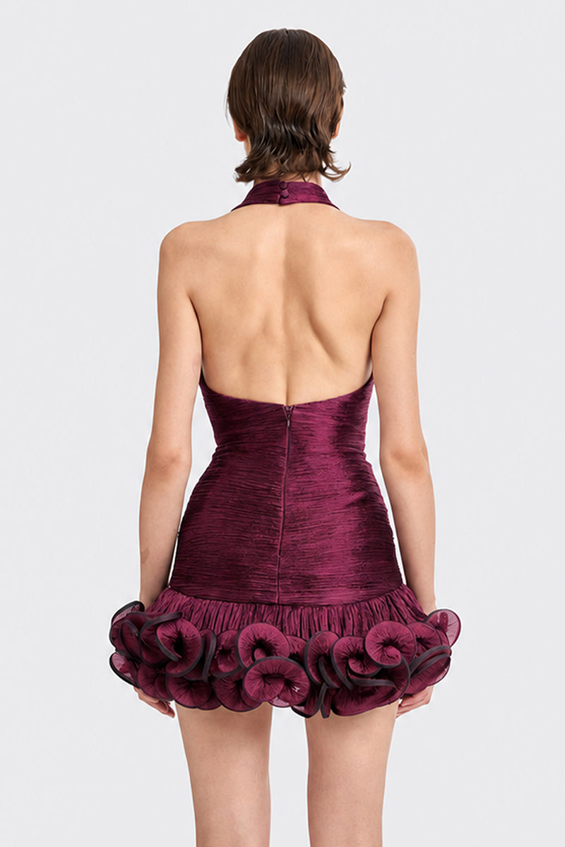 Dark purple CULT MIA X STOLEN STORES Ms. Tutu halter mini dress, stylish sleeveless design on model.