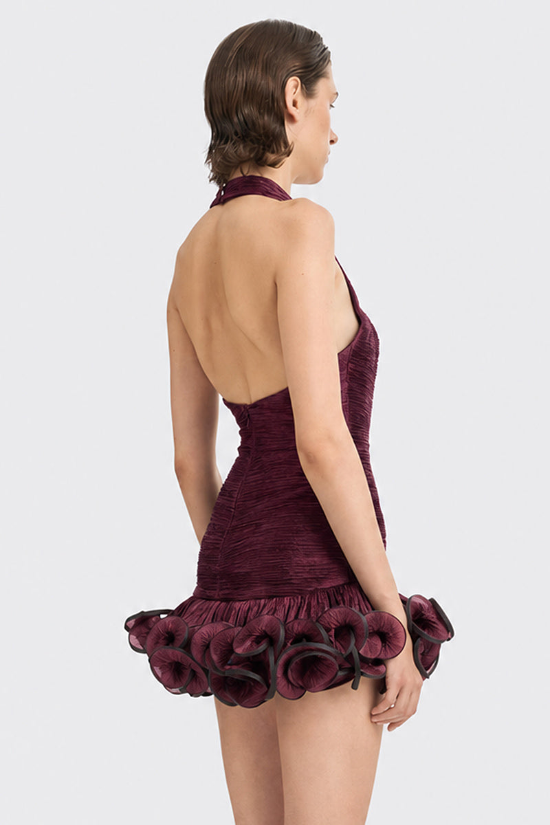 Dark purple CULT MIA X STOLEN STORES Ms. Tutu halter mini dress displayed on a mannequin, showcasing its stylish design.